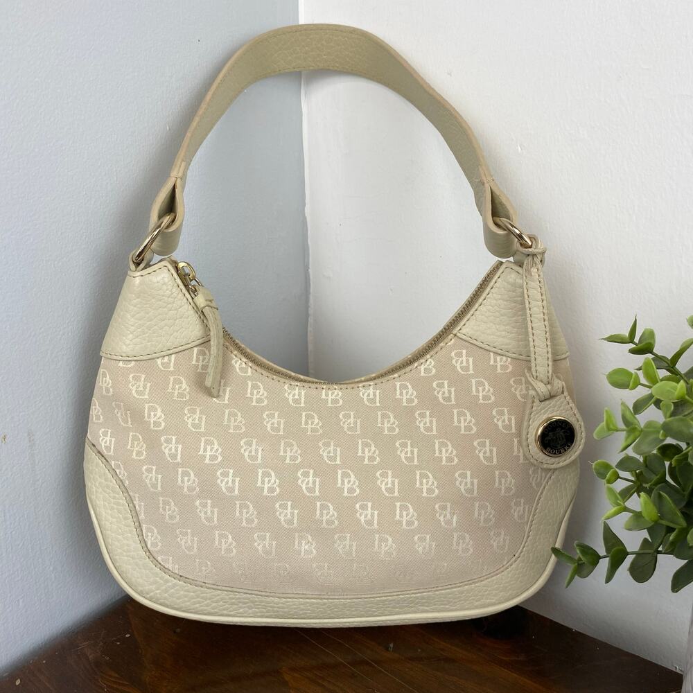 Dooney & Bourke Cream Leather & Signature Logo Fabric Hobo Shoulder Bag